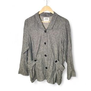 FLAX Black 100% Linen Jacket Tunic Womens Small Oversize Lagenlook Button Blazer